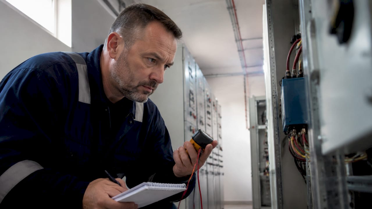 Un technicien procède au contrôle d’un parafoudre industriel.