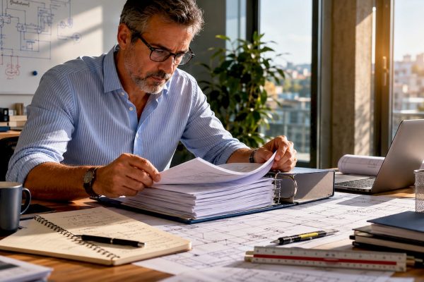 Un ingénieur en train d’analyser les documents relatifs à la norme NF C 17-102.
