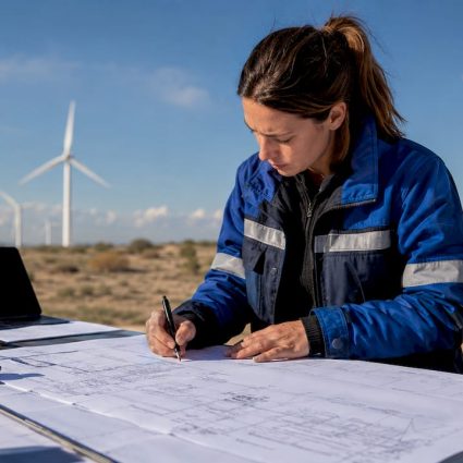 Engineer reviewing wind turbine lightning protection plans