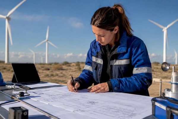 Engineer reviewing wind turbine lightning protection plans