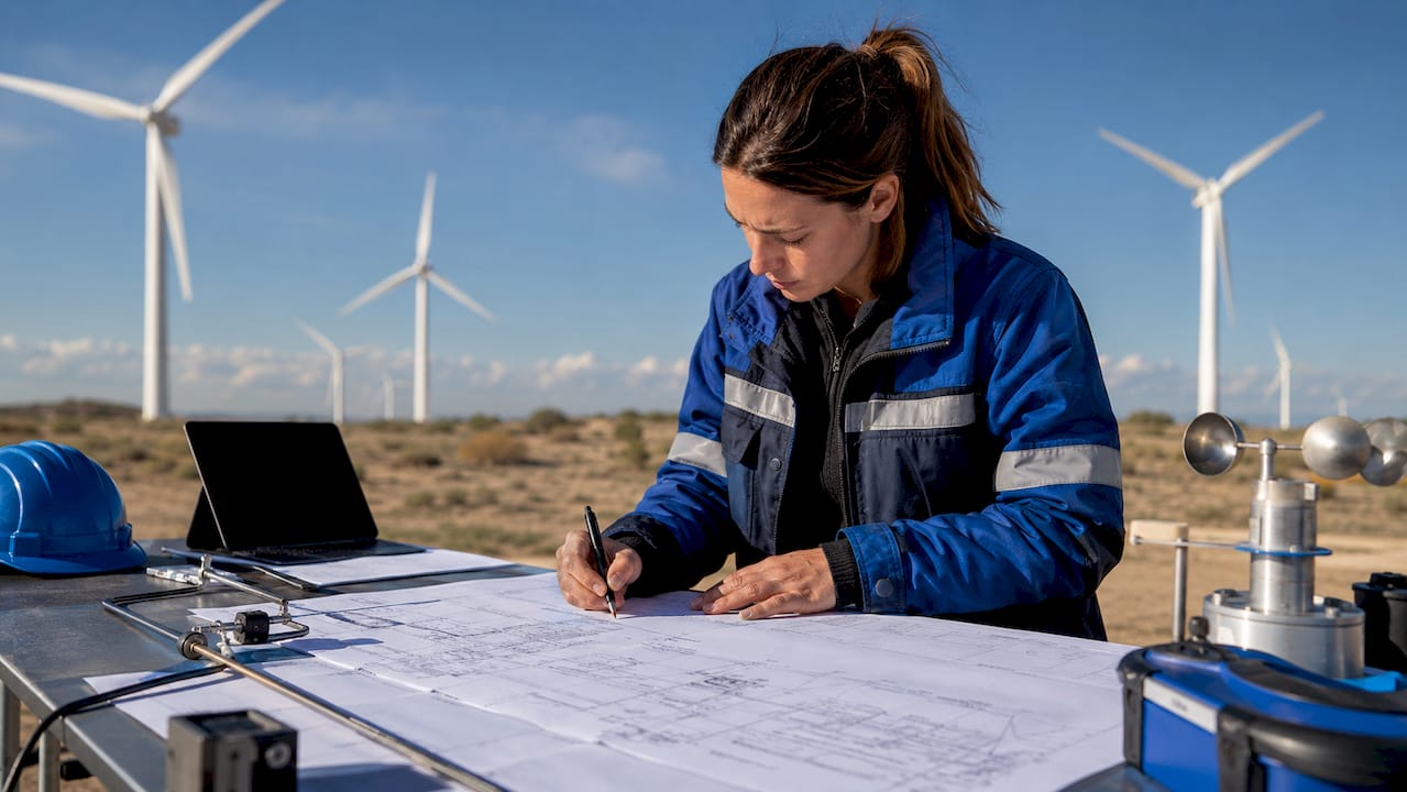 Engineer reviewing wind turbine lightning protection plans