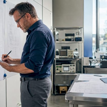 Un ingénieur en train d'examiner les dossiers de certification pour la protection contre la foudre.