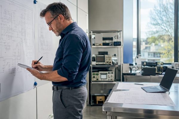 Un ingénieur en train d'examiner les dossiers de certification pour la protection contre la foudre.