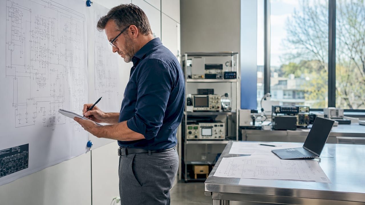Un ingénieur en train d'examiner les dossiers de certification pour la protection contre la foudre.