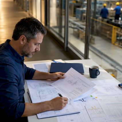Engineer reviewing facility safety protection gap documents