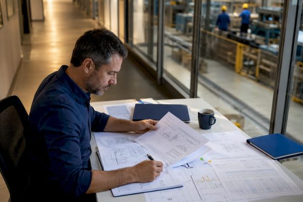 Engineer reviewing facility safety protection gap documents