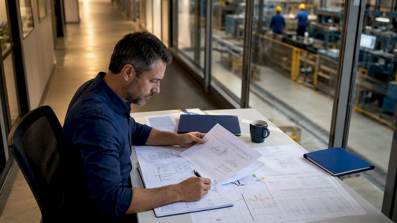 Engineer reviewing facility safety protection gap documents