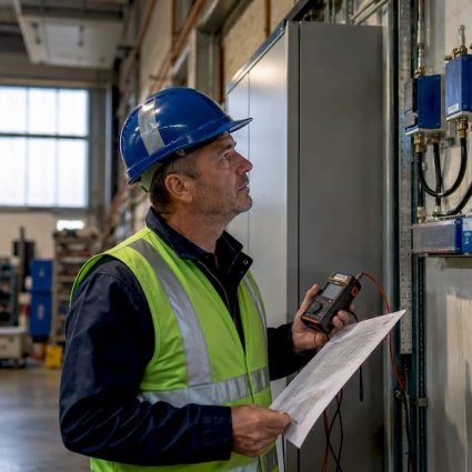 Facility manager inspecting lightning protection system outdoors
