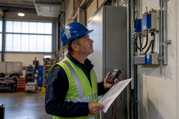 Facility manager inspecting lightning protection system outdoors