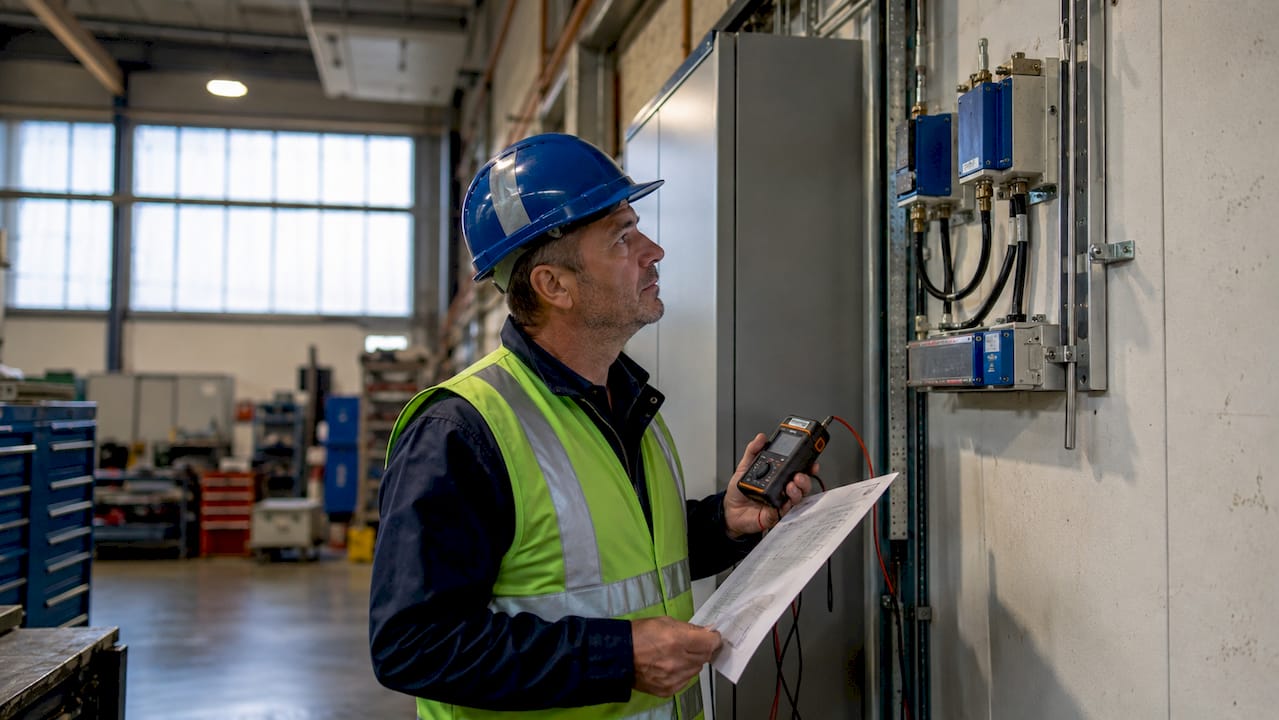 Facility manager inspecting lightning protection system outdoors