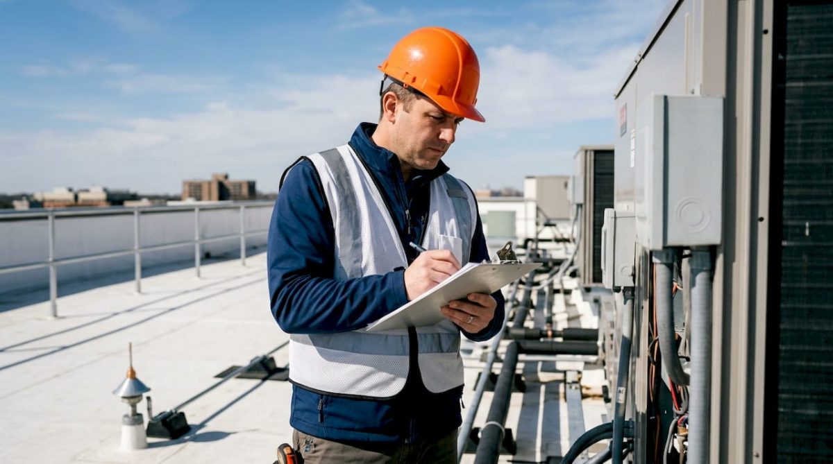 Facility manager inspecting rooftop equipment