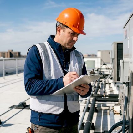 Facility manager inspecting rooftop equipment
