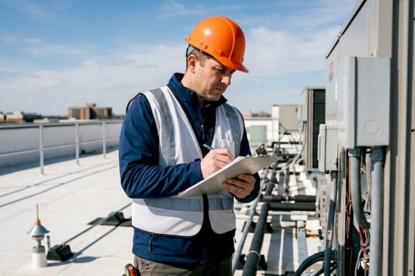 Facility manager inspecting rooftop equipment