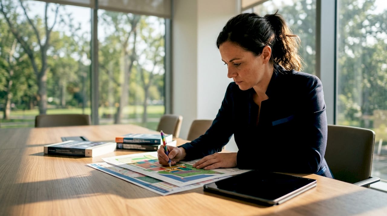 Security manager reviewing multi-site security documents