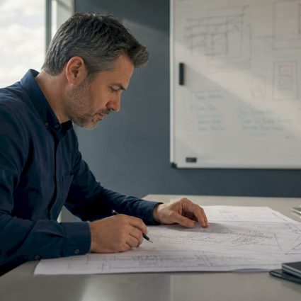 Un ingénieur en charge de l’analyse des risques liés à la foudre, prépare actuellement un audit détaillé basé sur les plans techniques.