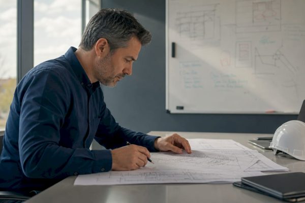 Un ingénieur en charge de l’analyse des risques liés à la foudre, prépare actuellement un audit détaillé basé sur les plans techniques.