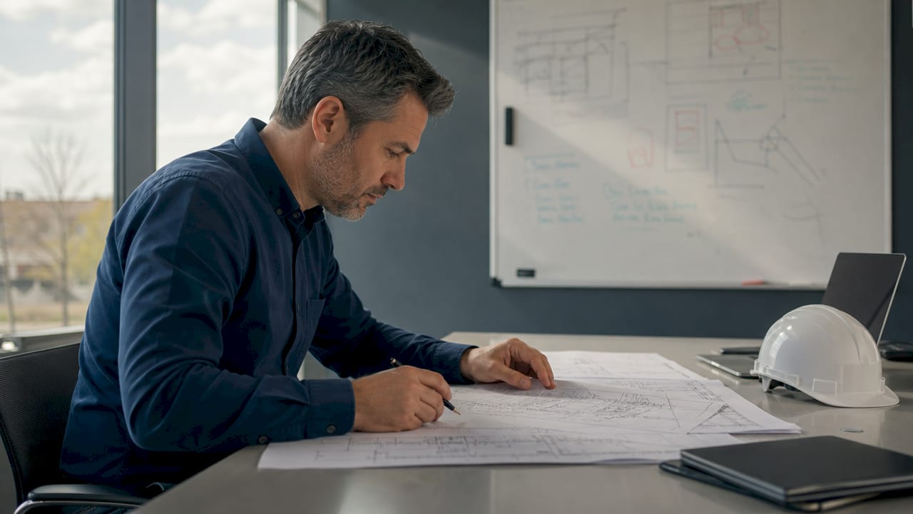 Un ingénieur en charge de l’analyse des risques liés à la foudre, prépare actuellement un audit détaillé basé sur les plans techniques.