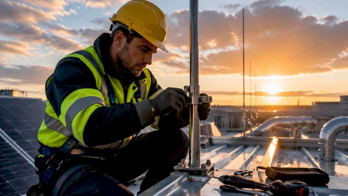 Un spécialiste effectue l’inspection d’un paratonnerre installé sur le toit d’un bâtiment industriel.