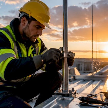 Un spécialiste effectue l’inspection d’un paratonnerre installé sur le toit d’un bâtiment industriel.