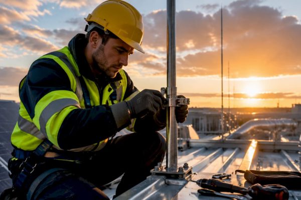 Un spécialiste effectue l’inspection d’un paratonnerre installé sur le toit d’un bâtiment industriel.
