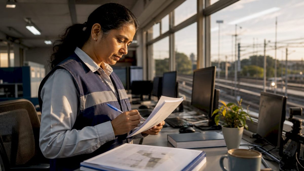 Railway control room operator reviewing protection protocols