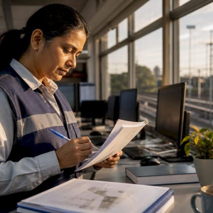 Railway control room operator reviewing protection protocols