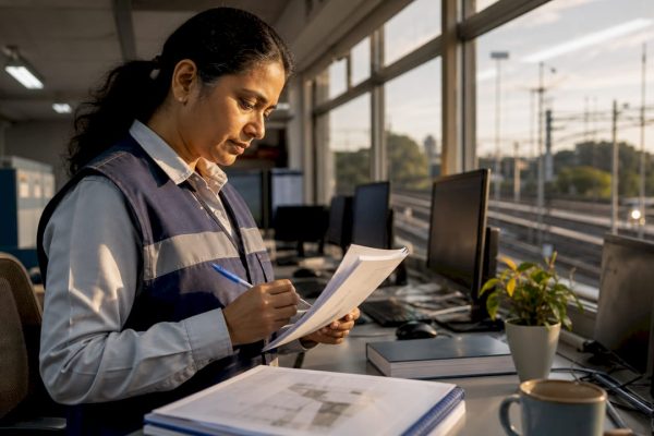 Railway control room operator reviewing protection protocols