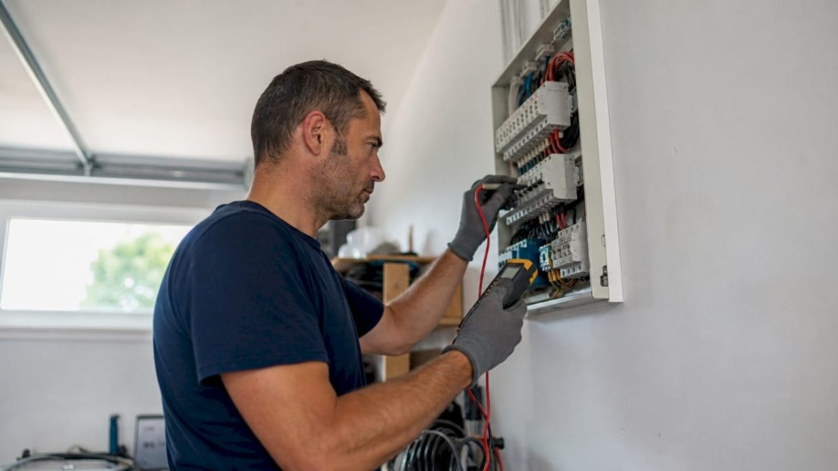 Un électricien en train de vérifier l'état d'un tableau électrique.