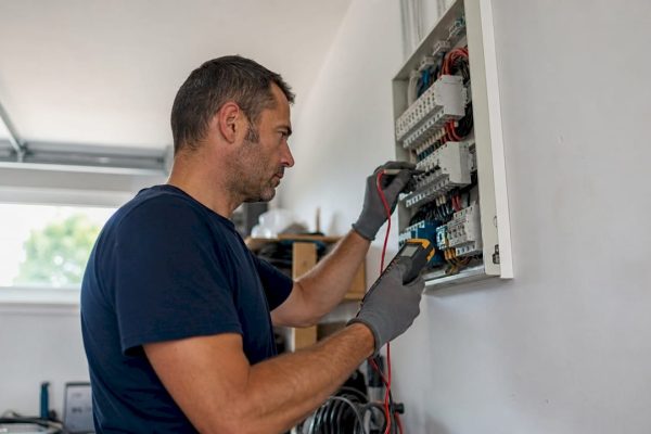 Un électricien en train de vérifier l'état d'un tableau électrique.