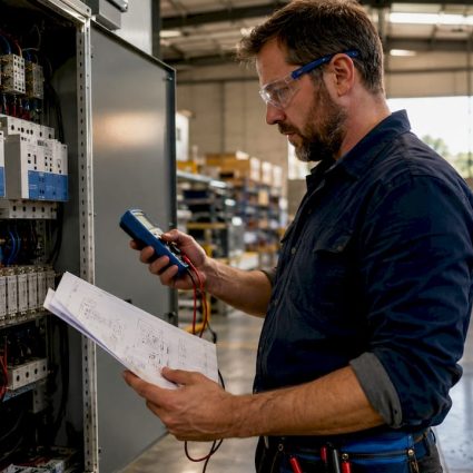 Engineer inspecting industrial surge protection panel