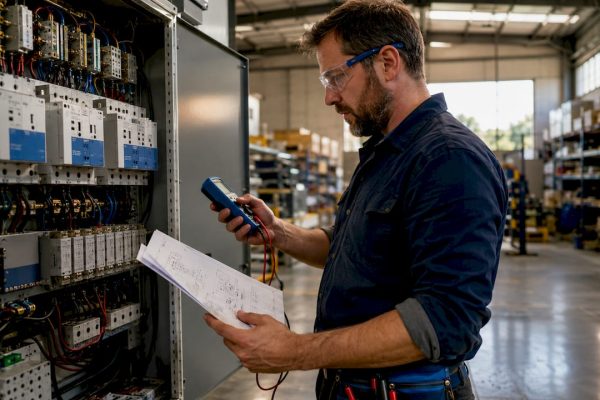 Engineer inspecting industrial surge protection panel
