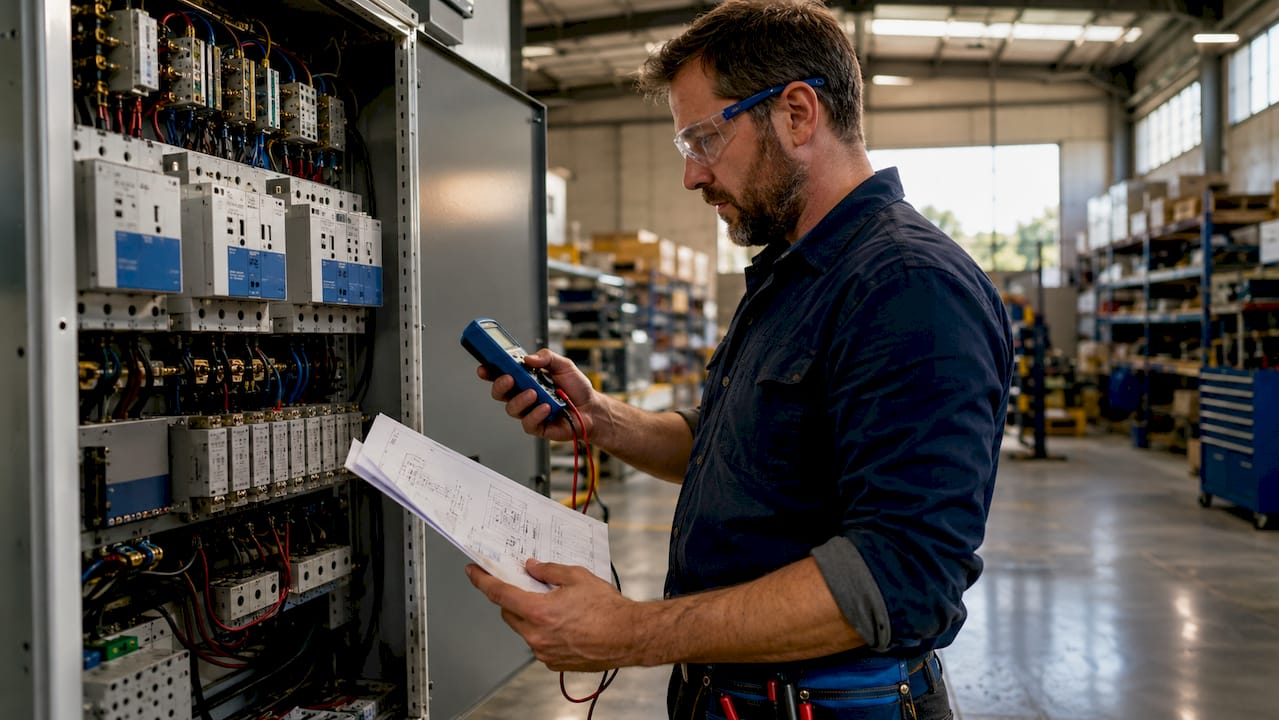 Engineer inspecting industrial surge protection panel
