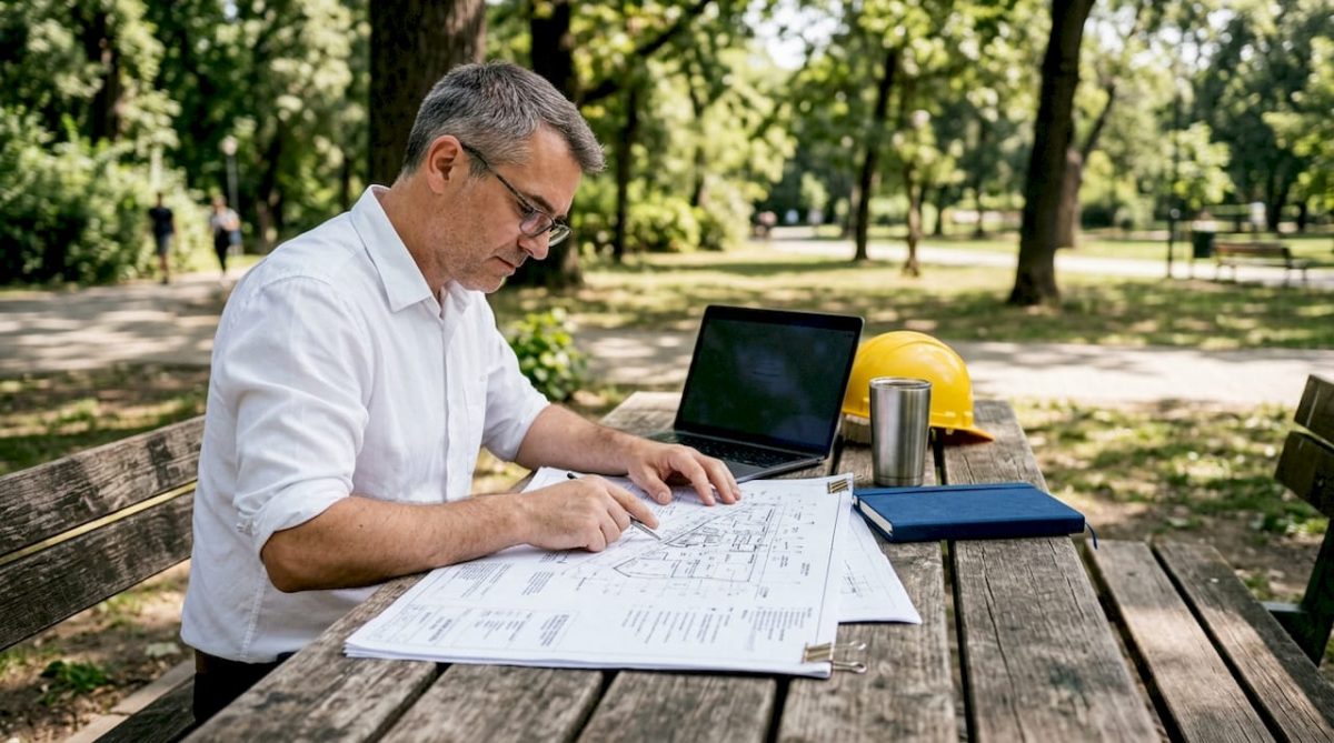 Engineer reviewing infrastructure lightning protection plans