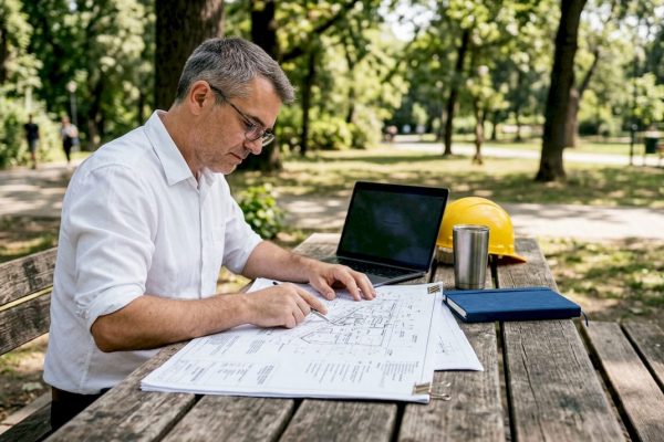 Engineer reviewing infrastructure lightning protection plans