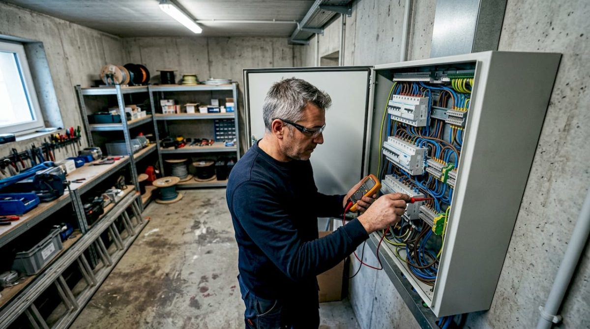 Un électricien procède à la vérification des disjoncteurs dans un tableau électrique.