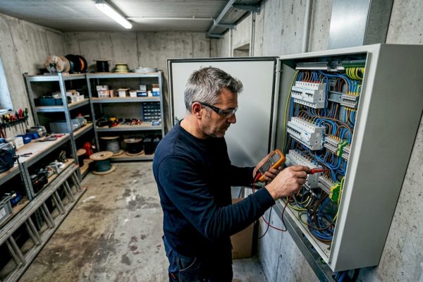 Un électricien procède à la vérification des disjoncteurs dans un tableau électrique.