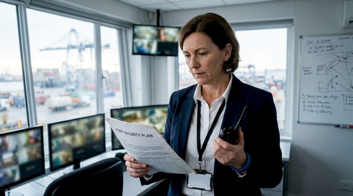 Port security manager reviewing plan outdoors