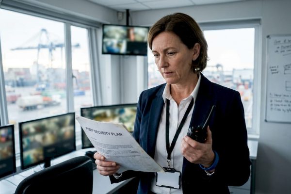 Port security manager reviewing plan outdoors
