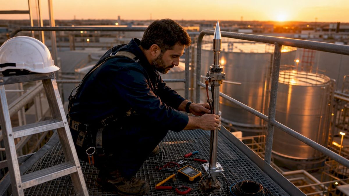 Un ingénieur procède à l’inspection d’un système de protection contre la foudre au sein d’une usine.