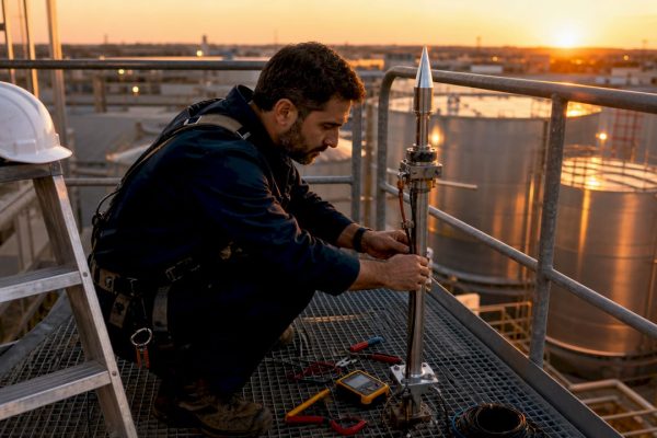 Un ingénieur procède à l’inspection d’un système de protection contre la foudre au sein d’une usine.
