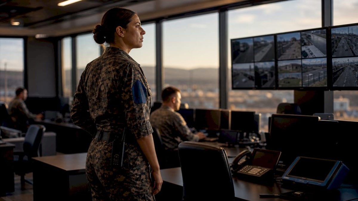 Military officer monitoring facility security