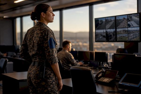 Military officer monitoring facility security