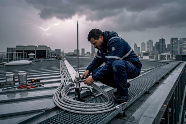 Un technicien procède à la vérification d’un paratonnerre installé sur le toit d’un immeuble.