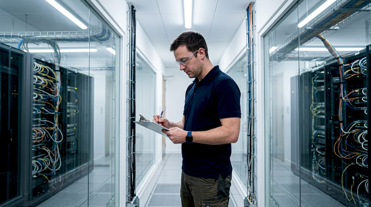 Engineer inspecting lightning protection in data center