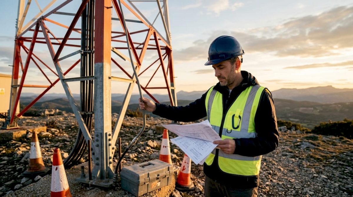 Engineer inspecting communication tower protection