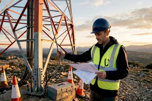 Engineer inspecting communication tower protection