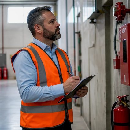 Un ingénieur effectue une vérification du matériel de protection incendie.