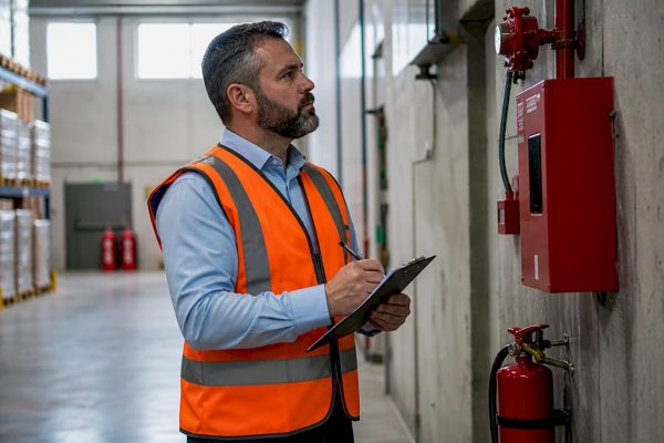 Un ingénieur effectue une vérification du matériel de protection incendie.
