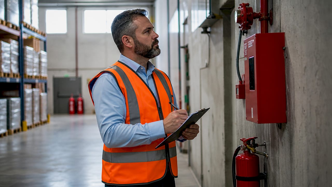 Un ingénieur effectue une vérification du matériel de protection incendie.