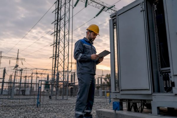 Engineer inspecting high voltage substation equipment
